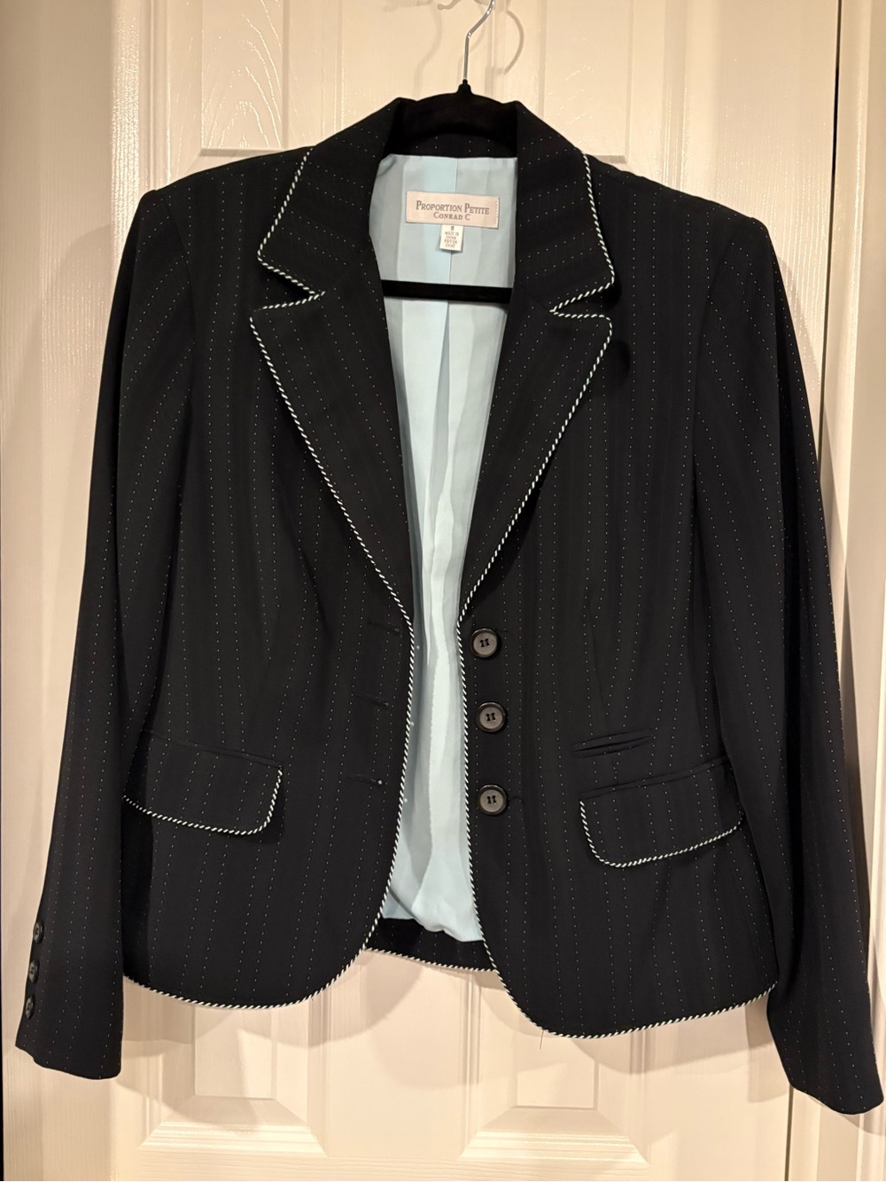 Petite Black Pinstripe Blazer with Blue Contrast Stitching
